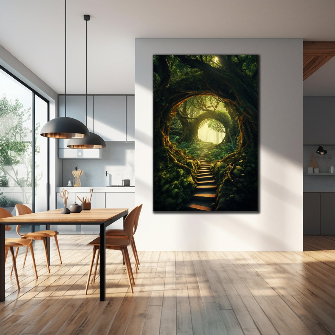 Ancient Twisted Tree Tunnel Stone Stairs Sunlit Forest Art Poster - Image 2