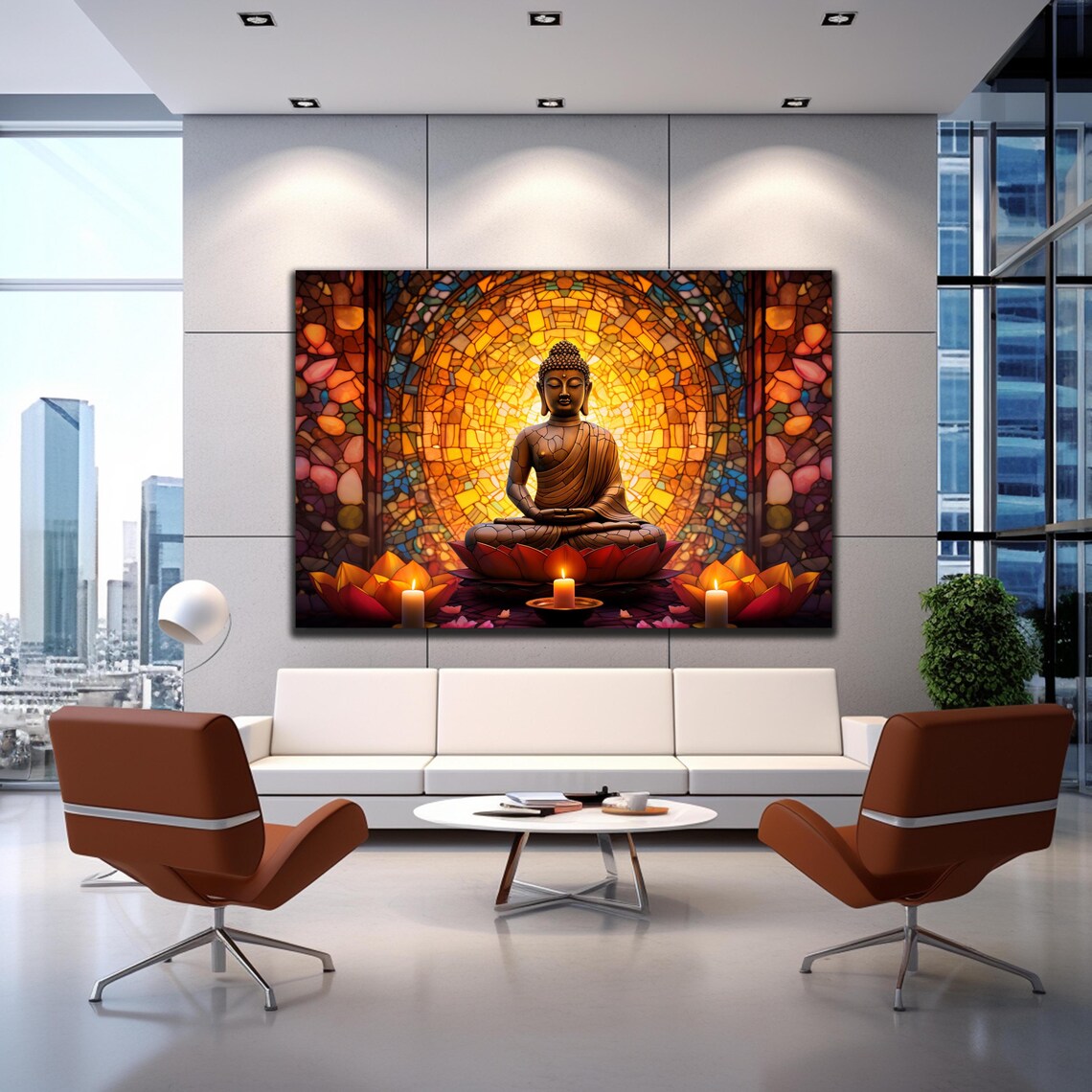 Buddha Meditating Golden Stained Glass Halo Lotus Temple Wall Art - Image 3