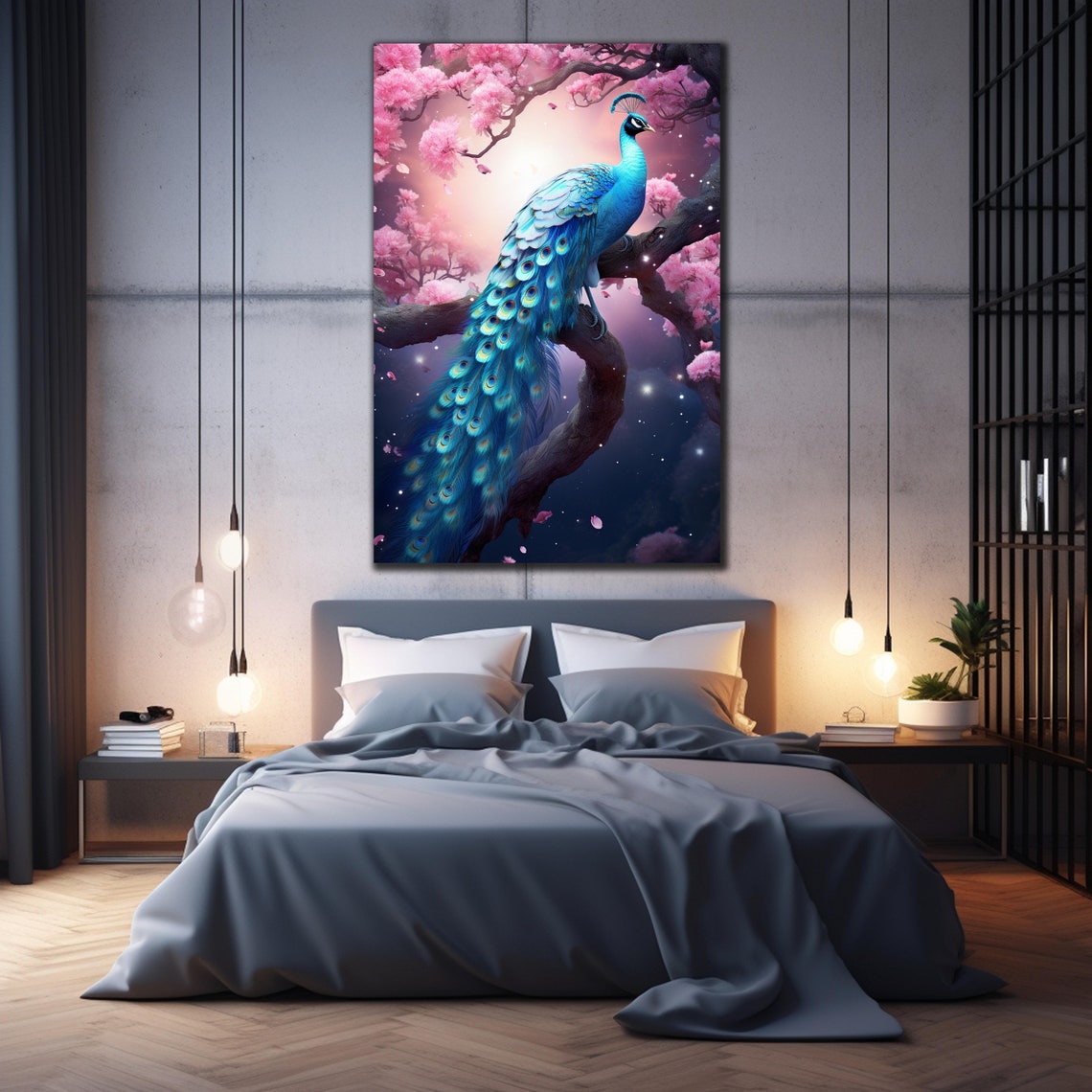 Blue Peacock Cherry Blossom Night Moonlit Garden Bird Art Poster - Image 2