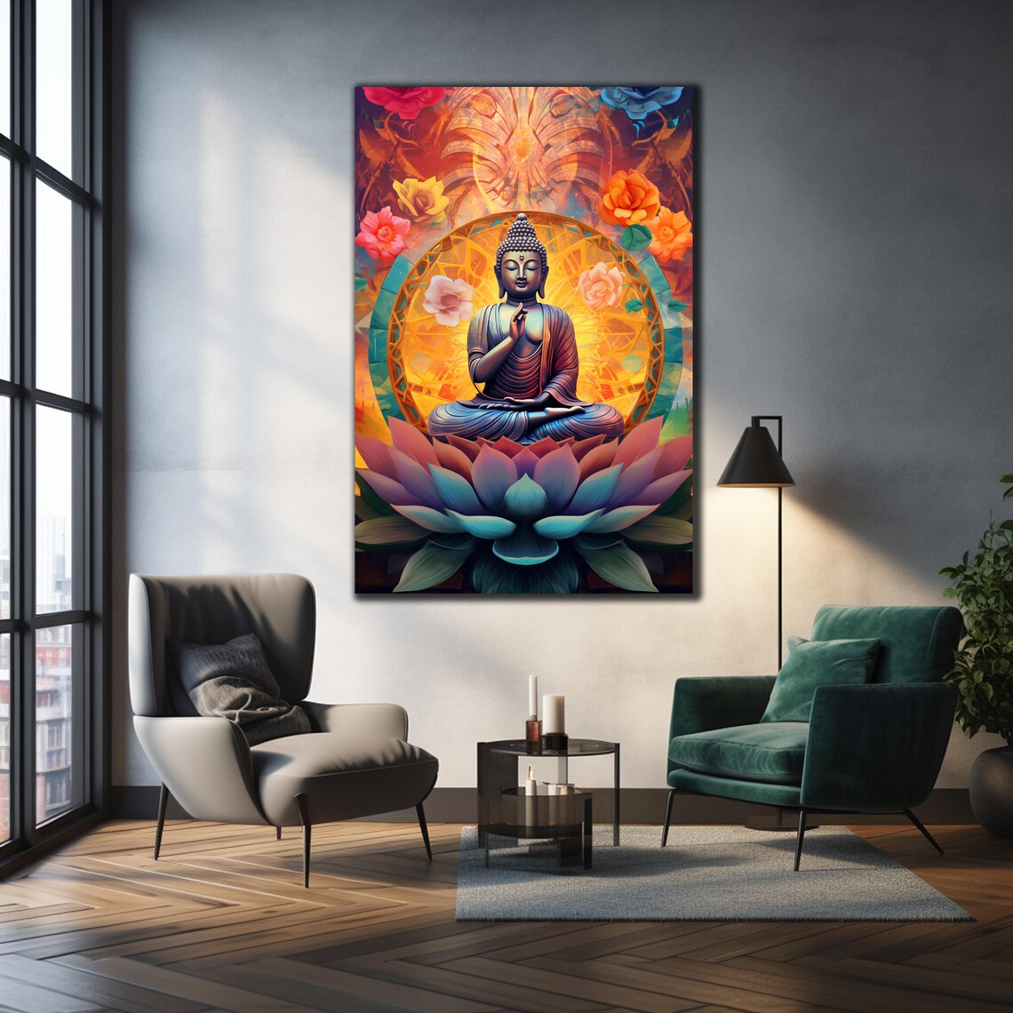 Buddha Meditating Lotus Mandala Golden Halo Zen Wall Art Poster - Image 2