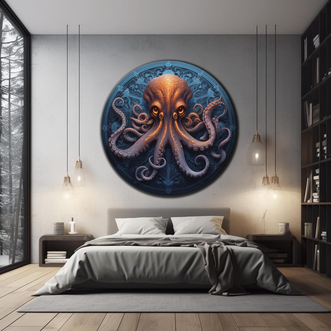 Octopus Swirling Tentacles Amber Eyes Deep Blue Sea Round Wall Art - Image 3