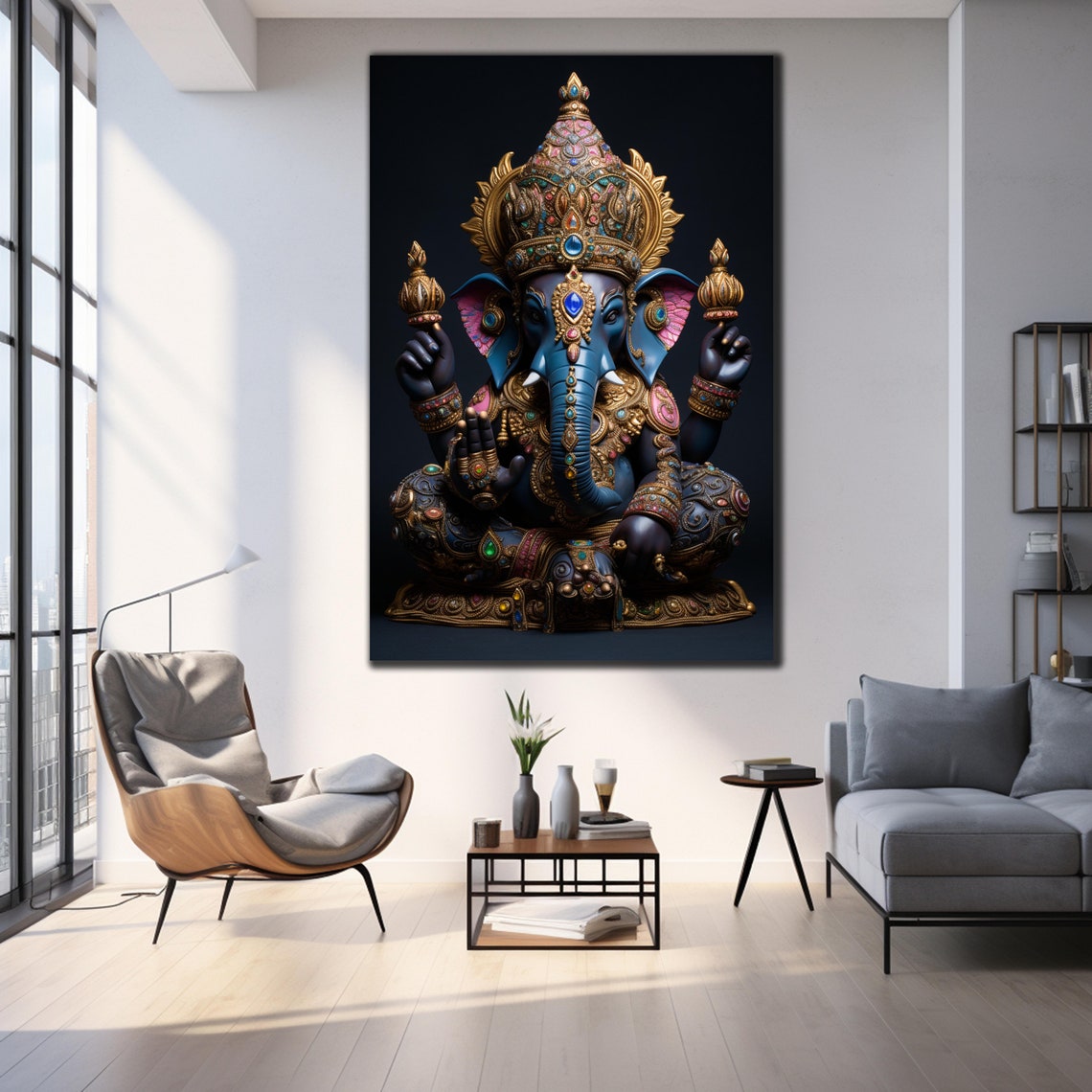 Lord Ganesha Sapphire Blue Golden Crown Sacred Blessing Art Poster - Image 3