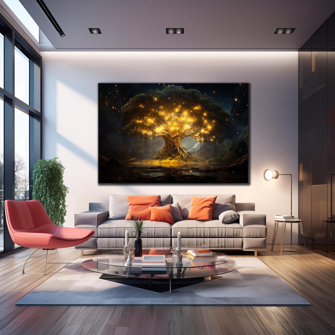 Golden Enchanted Tree Night Glowing Forest Firefly Light Wall Art - Image 4