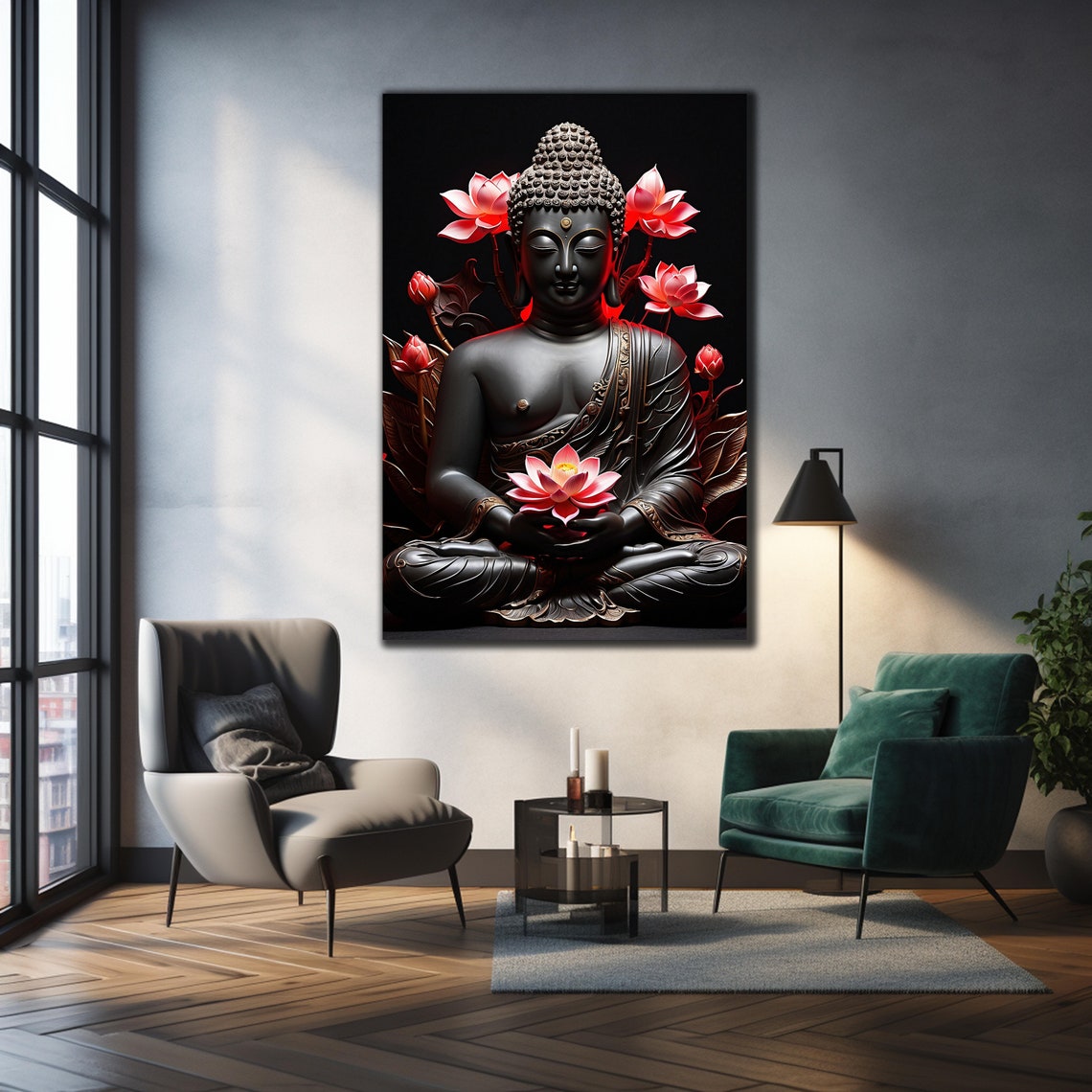 Black Buddha Holding Pink Lotus Dark Background Zen Wall Art Poster - Image 2