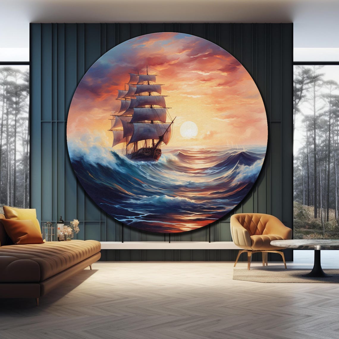 Tall Ship Stormy Sunset Full Sails Ocean Waves Round Glass Wall Art - Image 4