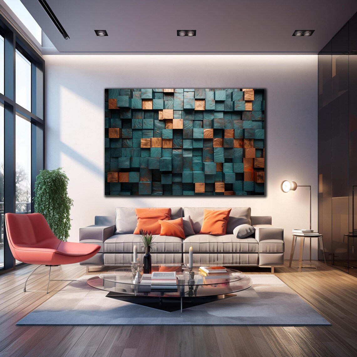 Dark Teal Wood Cube Mosaic Copper Accents 3D Abstract Art Poster - Image 3