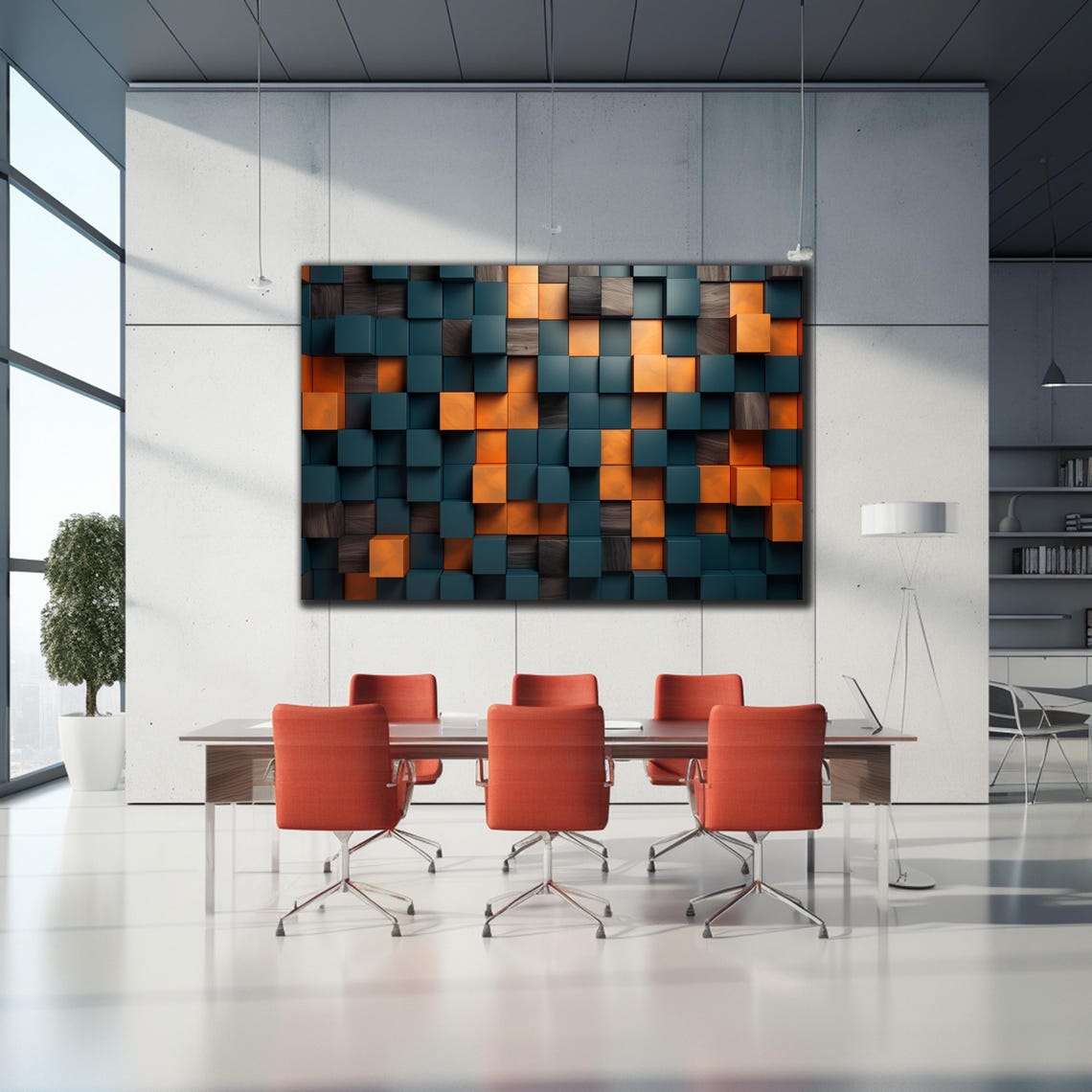 Dark Teal Bright Orange 3D Wooden Cube Block Abstract Wall Art - Image 2