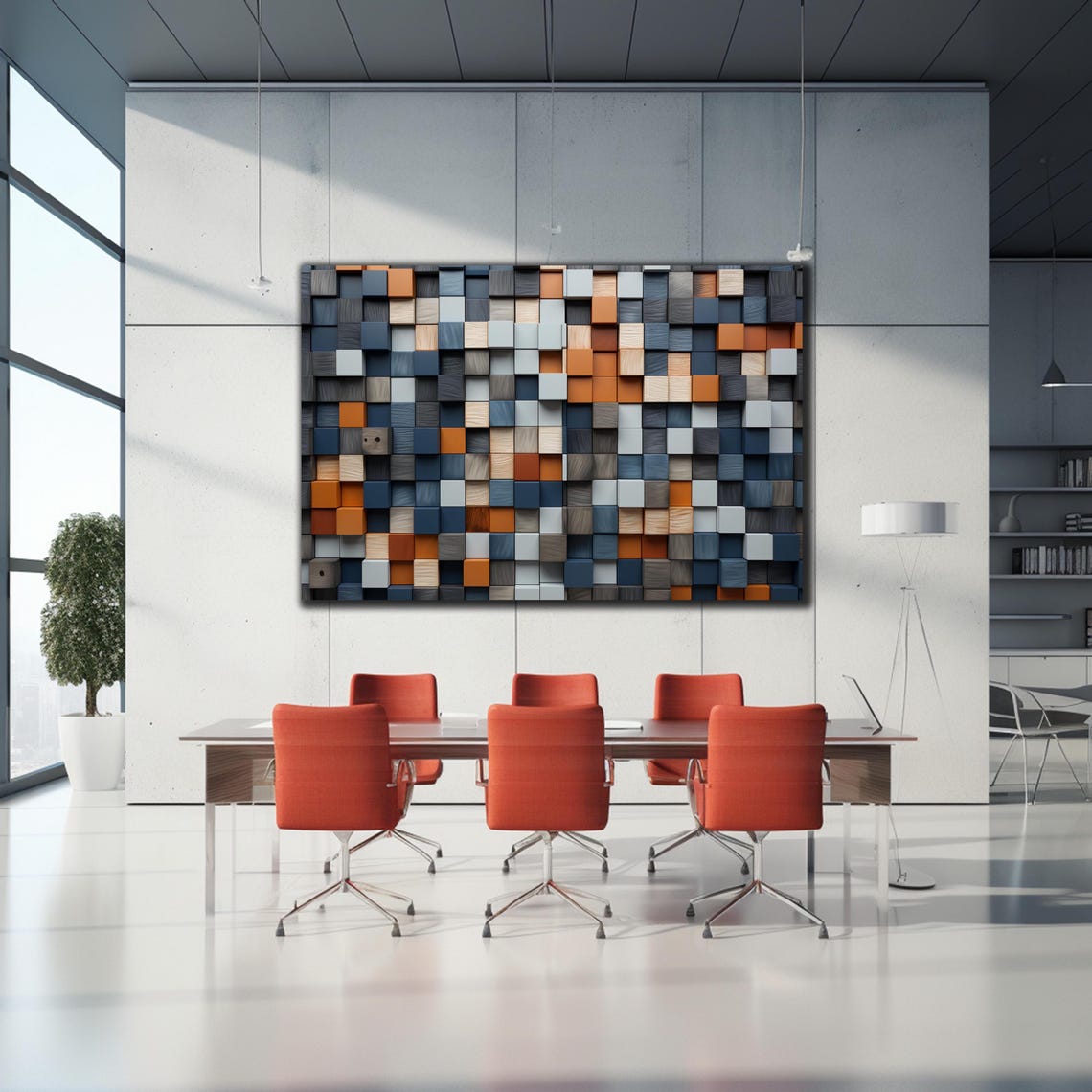 Gray Orange Navy Blue 3D Wooden Cube Block Geometric Wall Art - Image 2