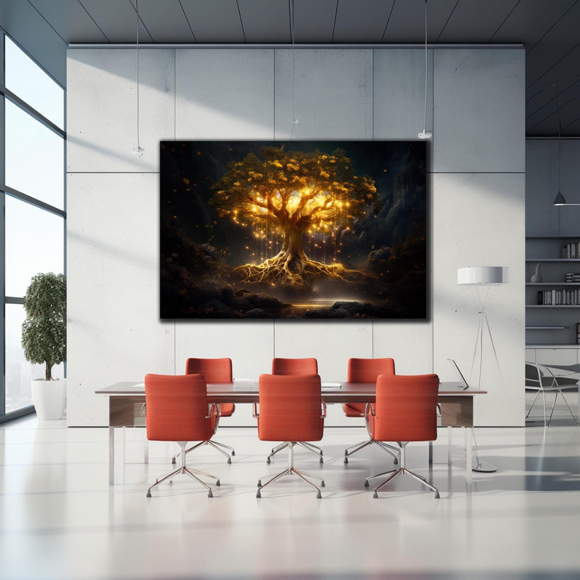 Golden Tree of Life Glowing Night Forest Light Magic Wall Art - Image 2