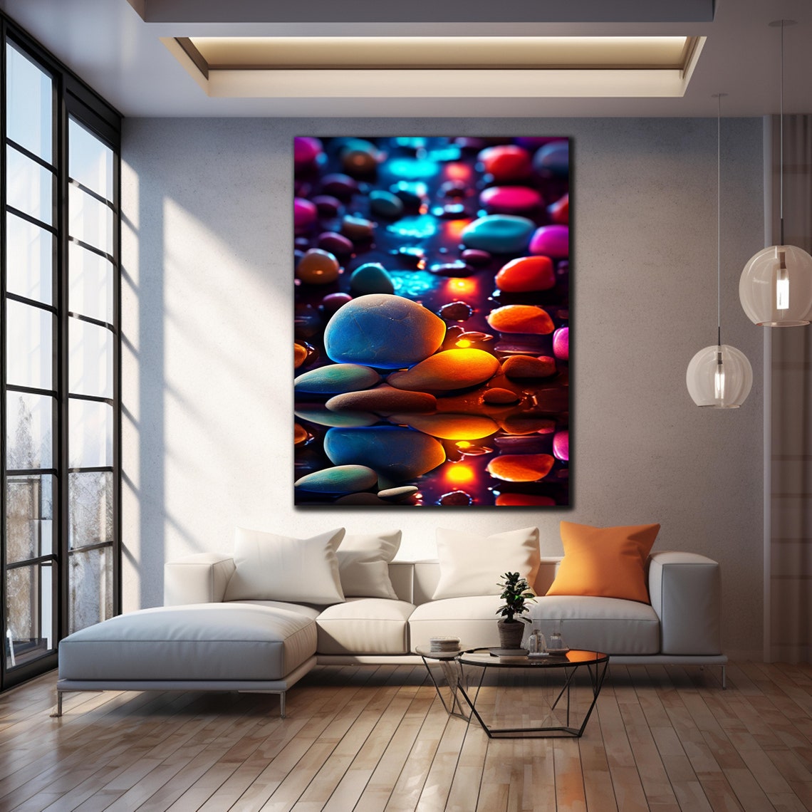 Colorful Glowing Zen Stones Macro Water Reflection Art Wall Poster - Image 4