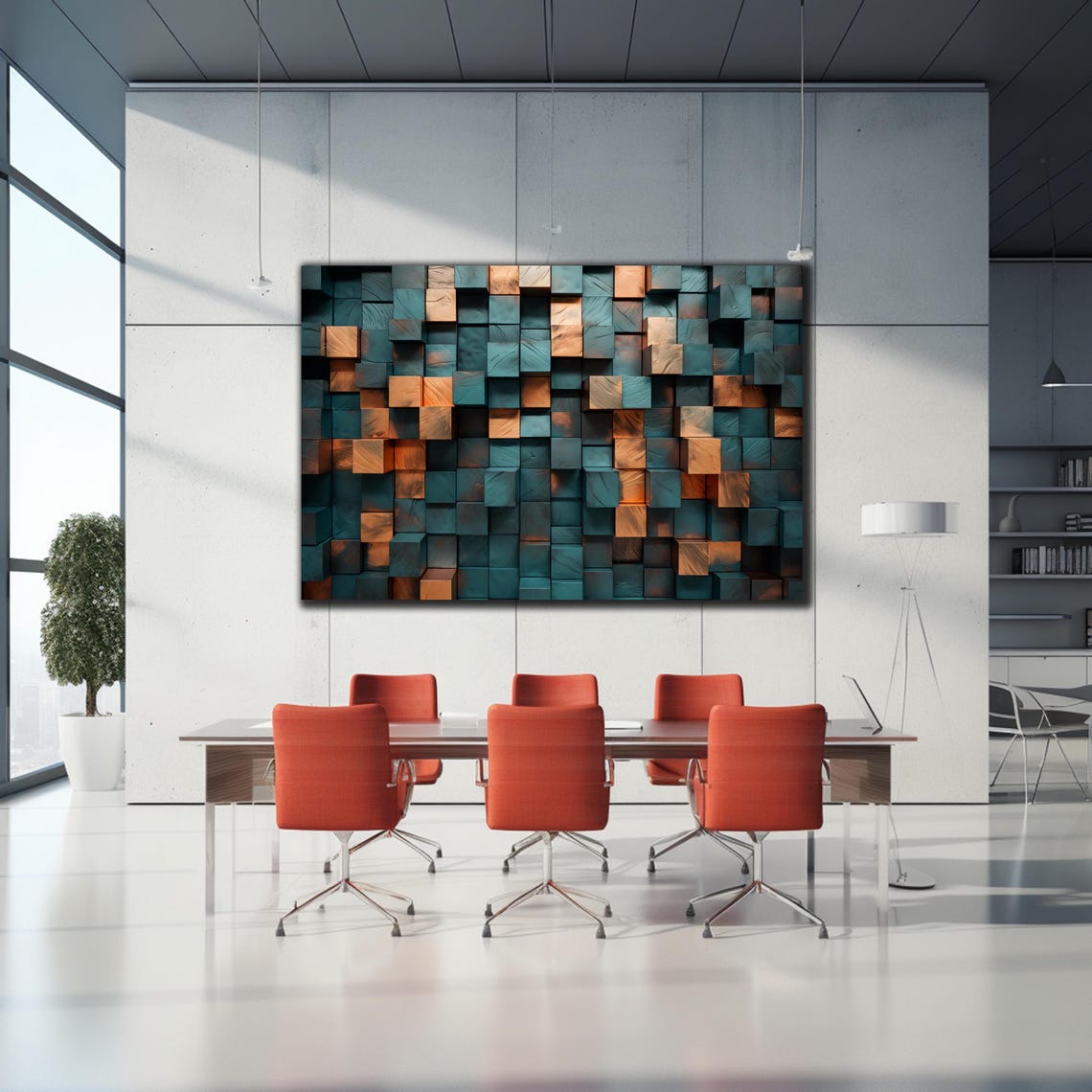 Teal Wooden Cube Blocks 3D Texture Abstract Geometric Wall Poster - Image 2
