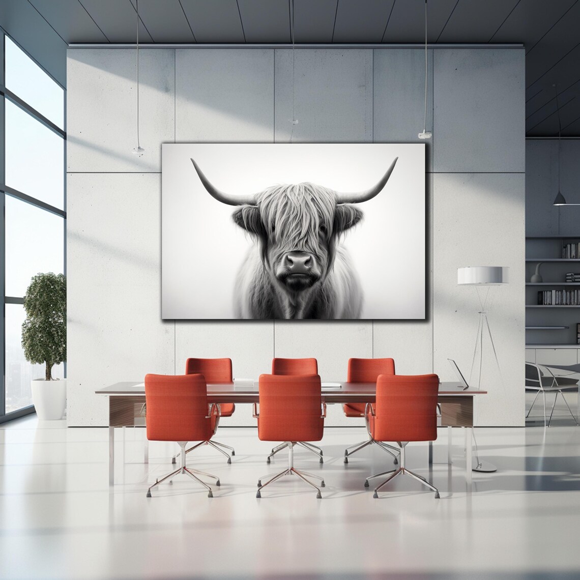 Scottish Highland Cow Black and White Portrait Animal Wall Art Poster - Image 2