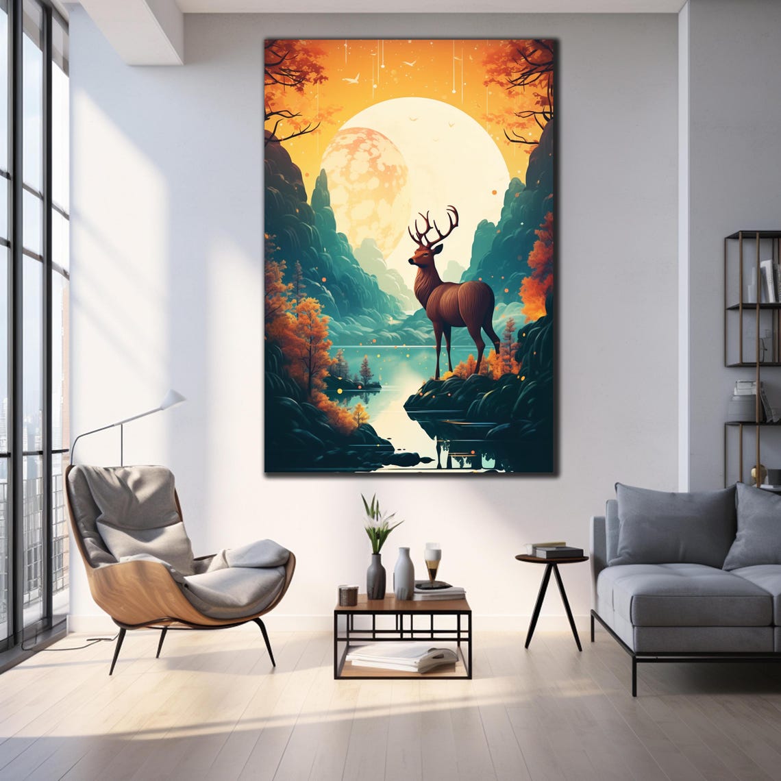 Majestic Stag At Full Moon Autumn Mountains Lakeside Night Poster - Image 3