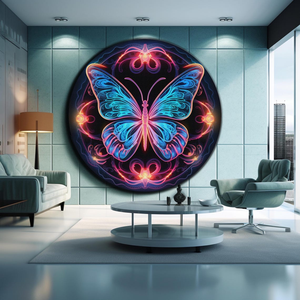 Neon Butterfly Mandala Round Pink Blue Glow Insect Wall Art Poster - Image 2