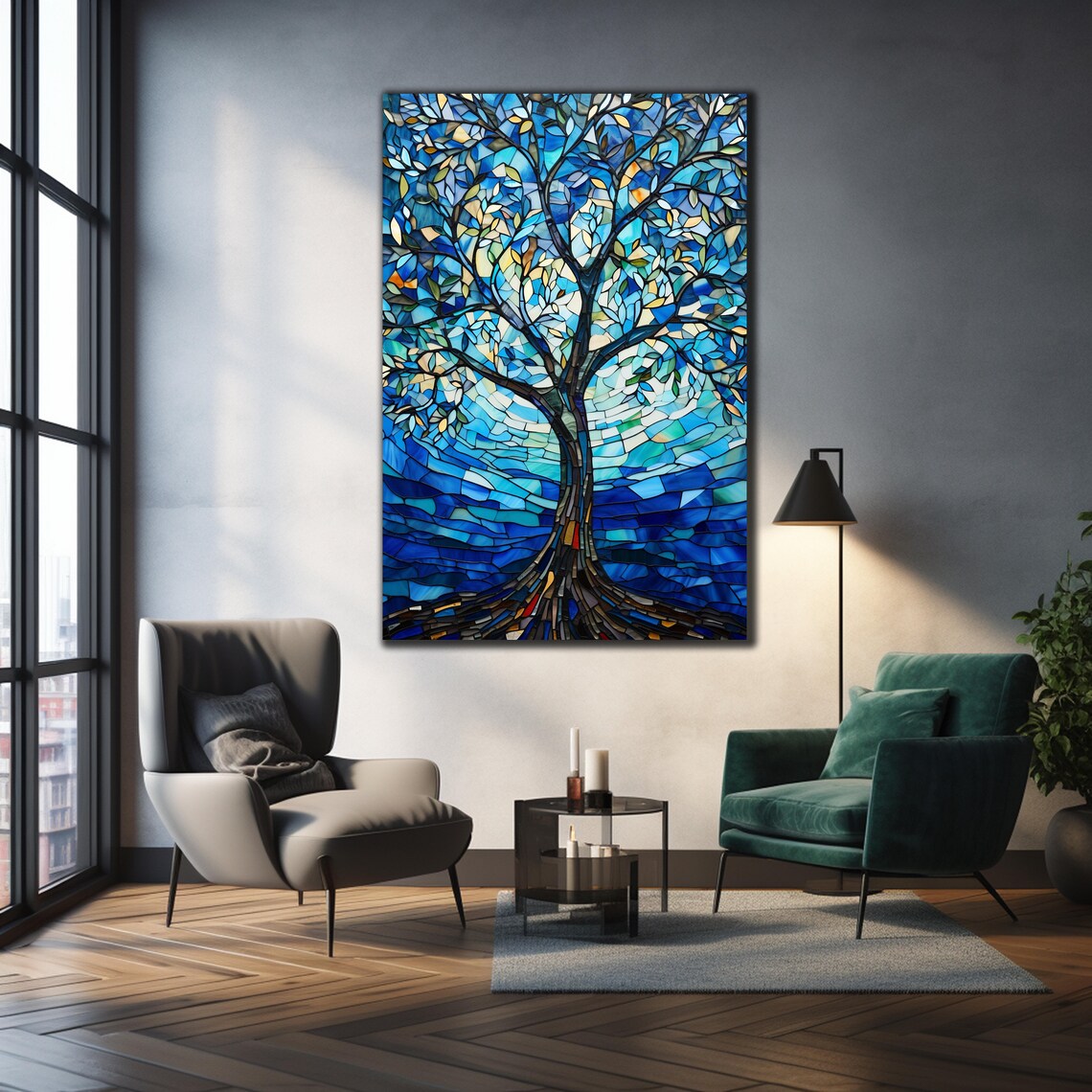 Tree of Life Stained Glass Blue Mosaic Moonlit Branches Art Poster - Image 2