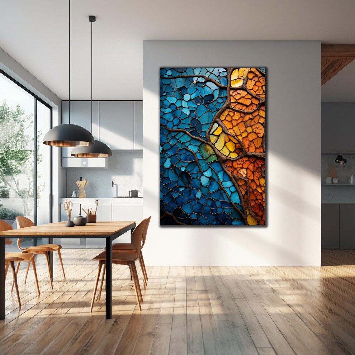 Blue Orange Stained Glass Mosaic Tree Branches Abstract Wall Poster - Image 2