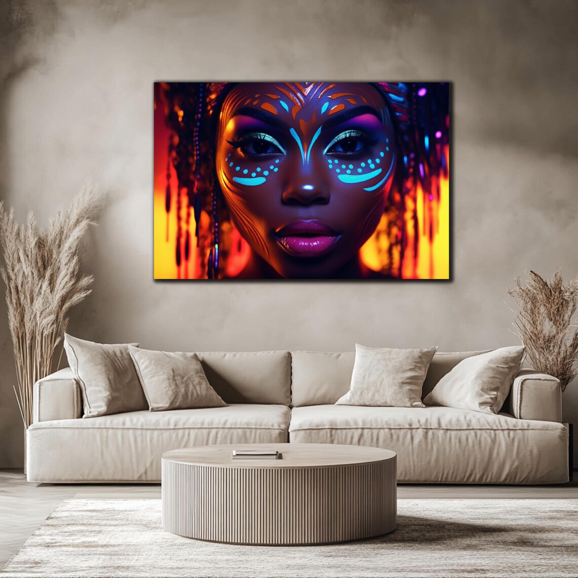 African Woman Neon Face Paint Fiery Orange Glow Portrait Wall Art - Image 4