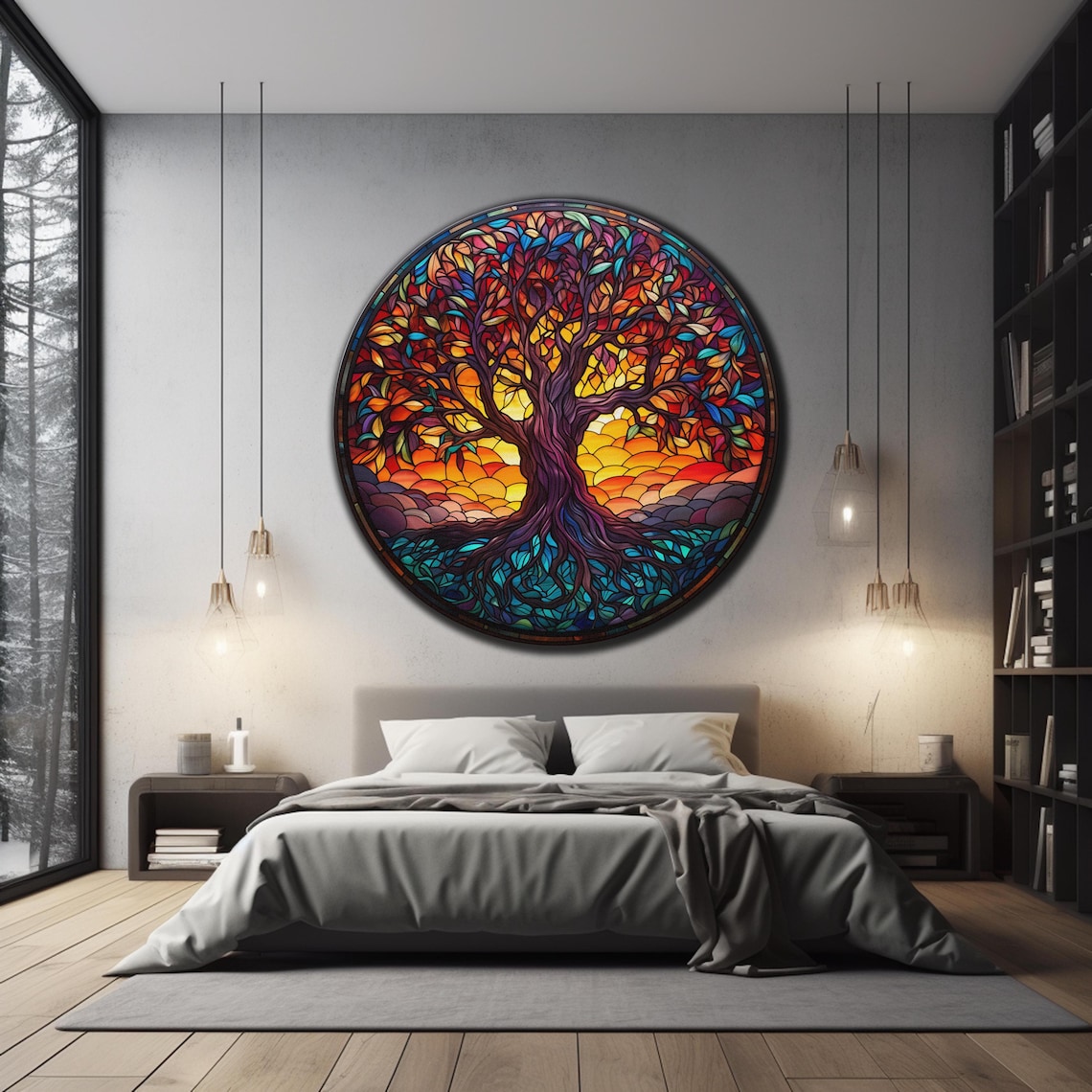 Tree of Life Round Stained Glass Golden Sunset Teal Wall Art Poster - Image 2