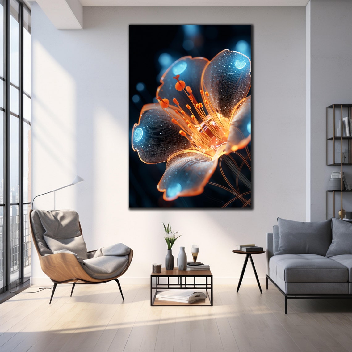 Glowing Crystal Flower Orange Stamens Dark Blue Floral Wall Art Print - Image 3