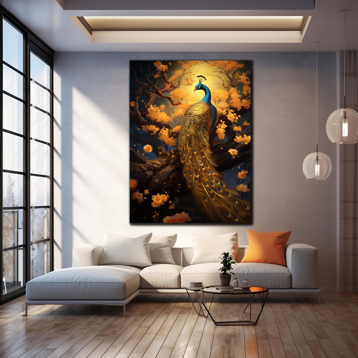 Golden Peacock Orange Blossom Tree Dark Elegant Bird Art Wall Poster - Image 4