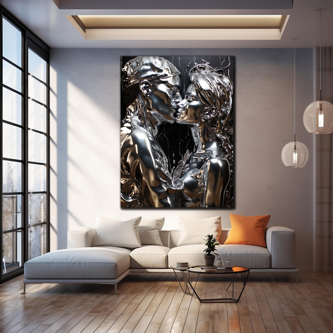 Chrome Silver Kissing Couple Liquid Metal Romantic Art Wall Poster - Image 4
