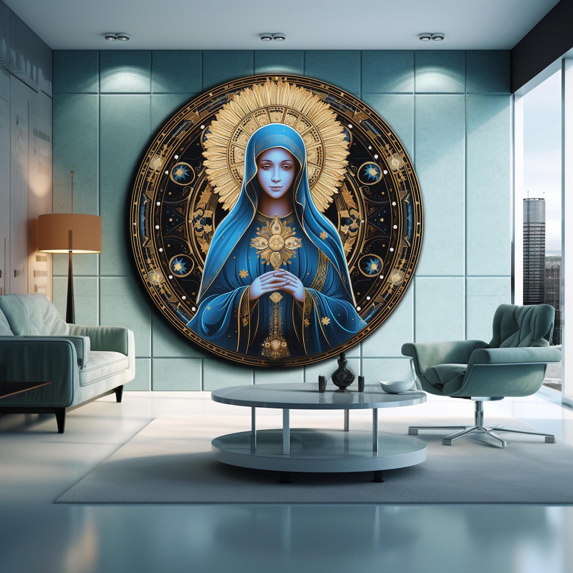 Virgin Mary Blue Veil Golden Starburst Halo Prayer Round Wall Art - Image 2