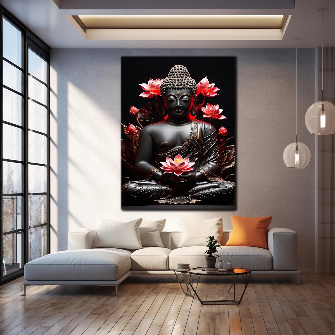 Black Buddha Holding Pink Lotus Dark Background Zen Wall Art Poster - Image 4