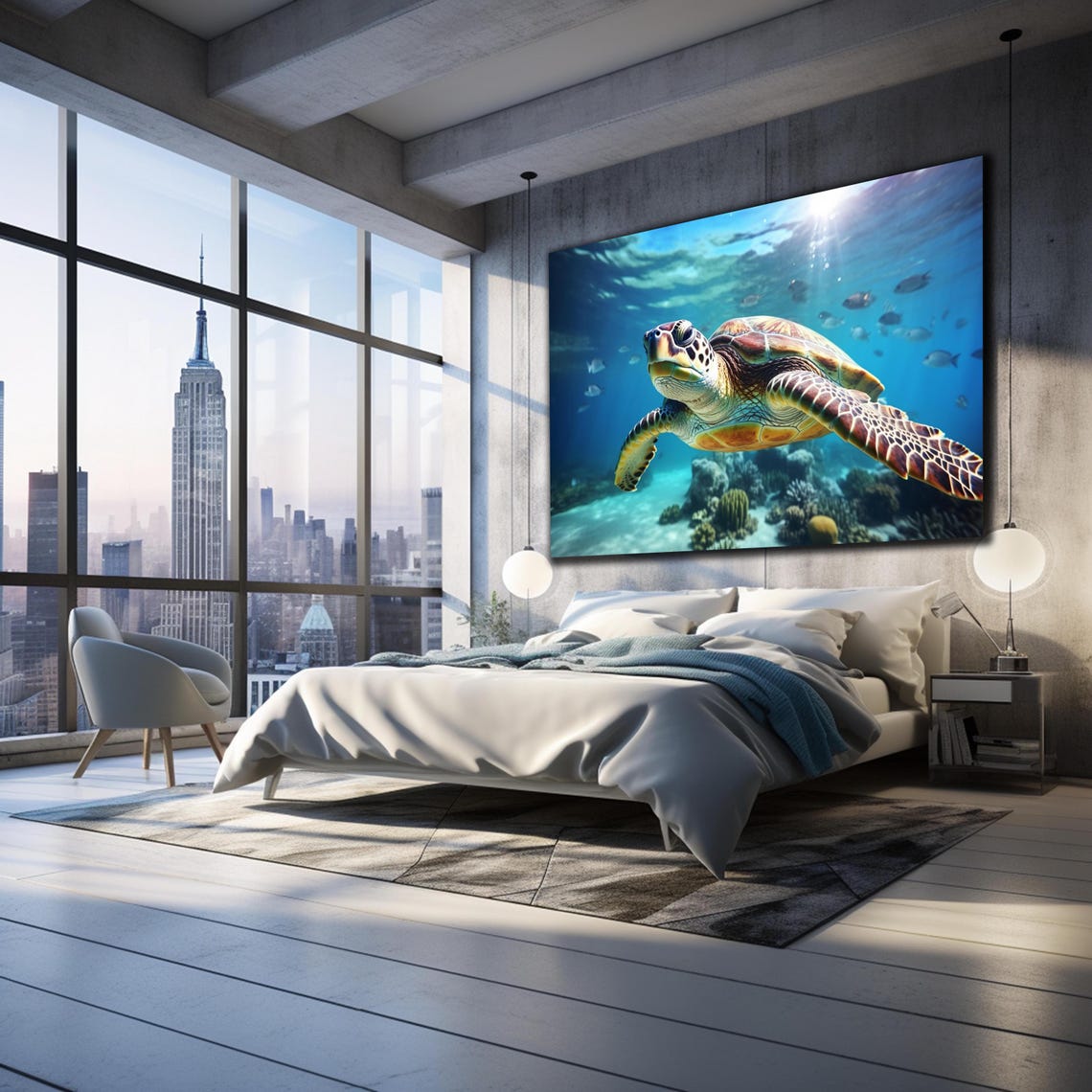 Green Sea Turtle Swimming Coral Reef Sunlit Blue Ocean Water Print - Image 4