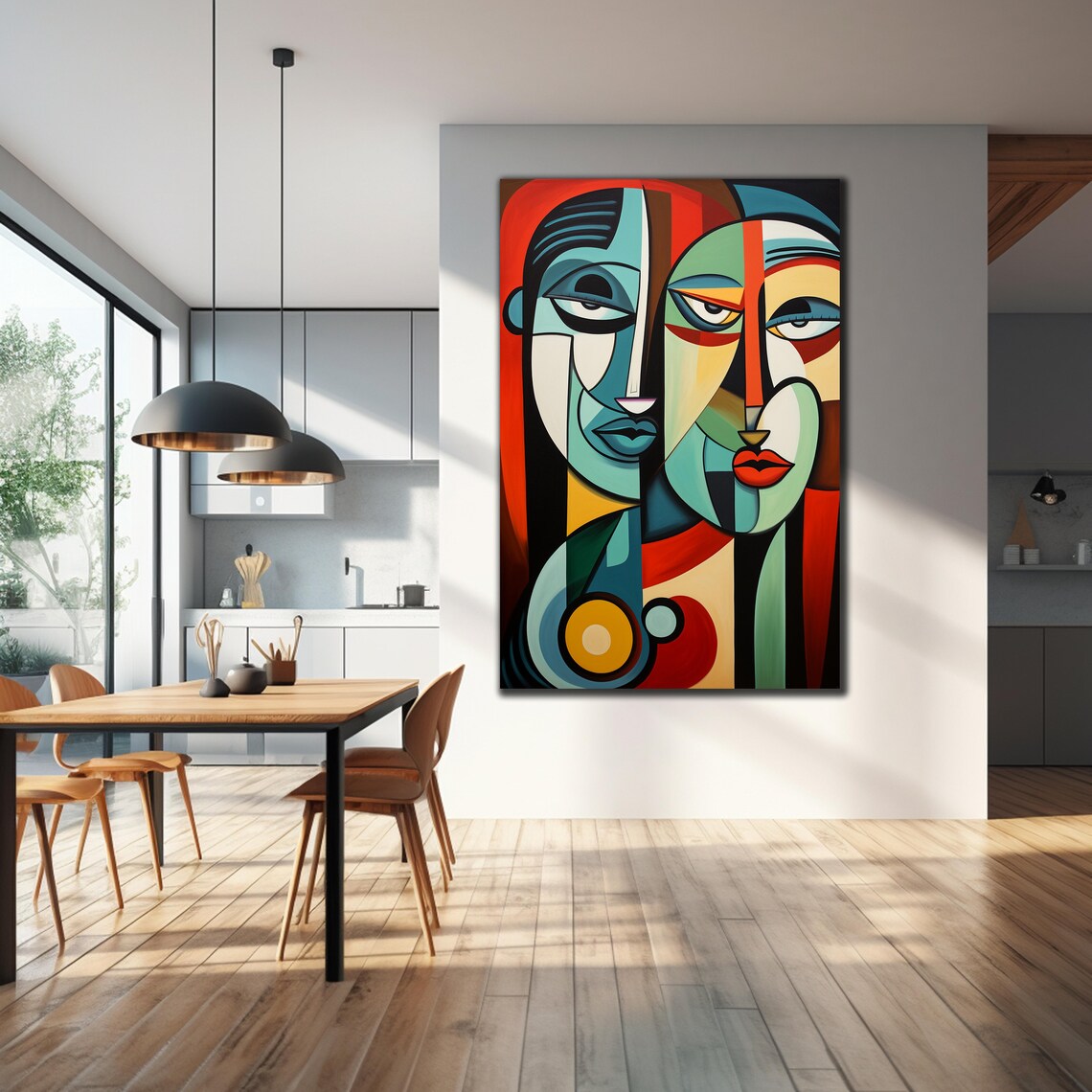 Cubist Abstract Faces Geometric Modern Art Red Teal Beige Glass Wall Art Print - Image 4