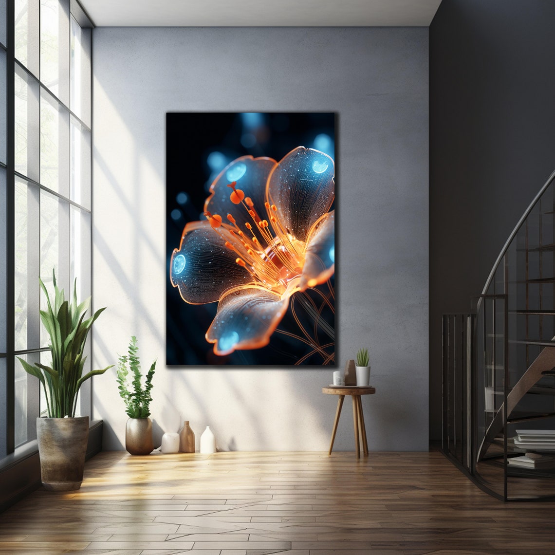 Glowing Crystal Flower Orange Stamens Dark Blue Floral Wall Art Print - Image 2