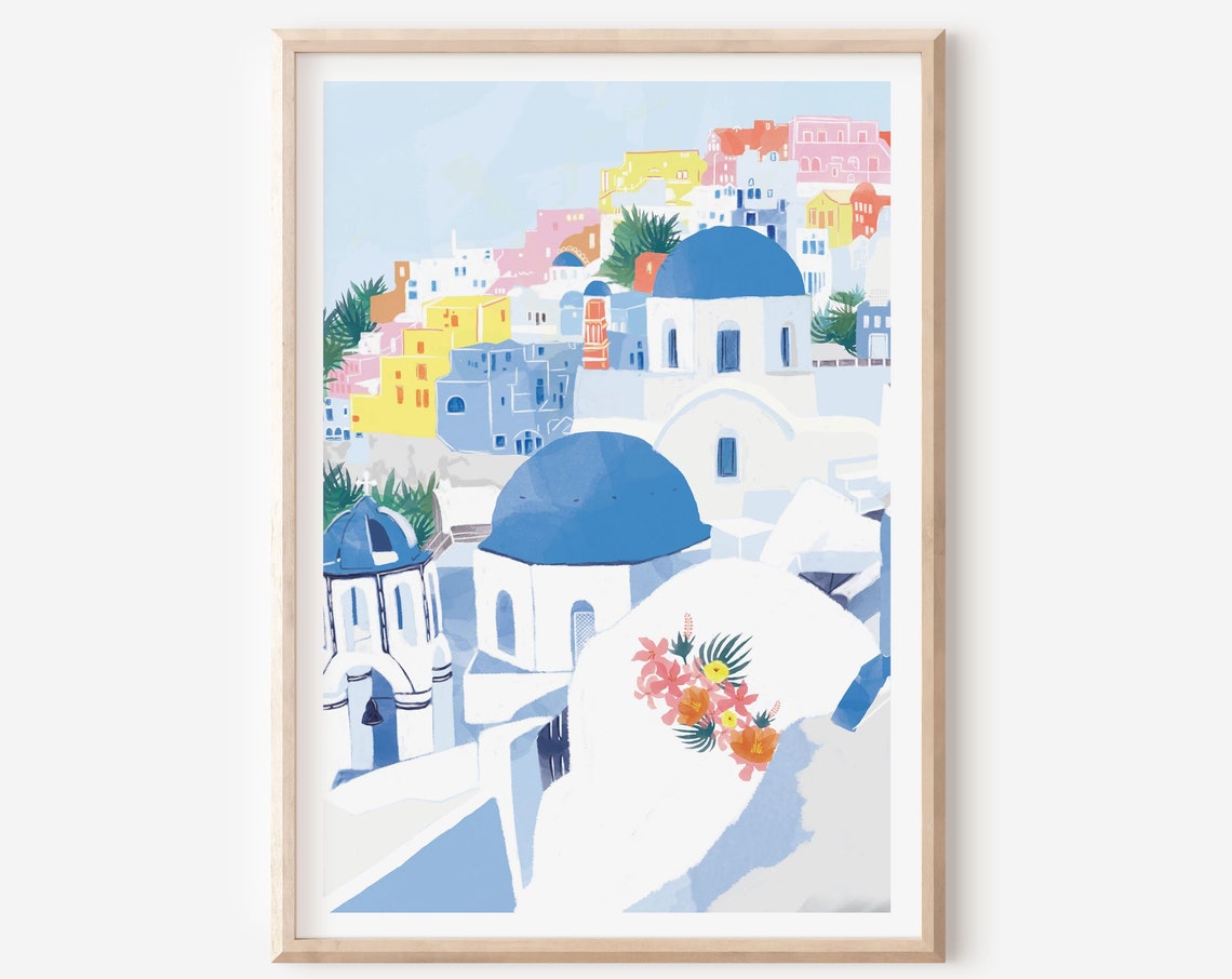 Santorini Greece Blue Domes Island Illustration Travel Poster