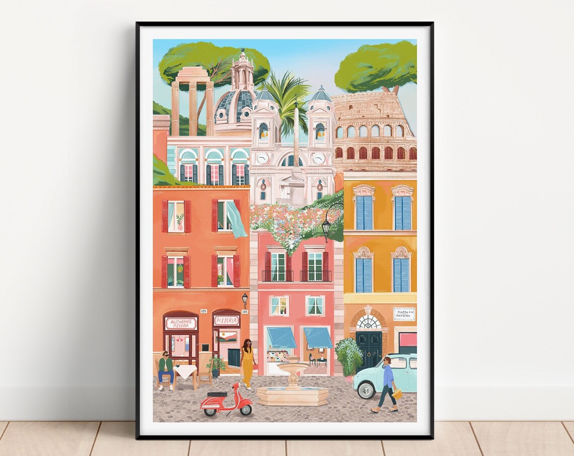 Rome Italy Travel Poster, Roman Landmarks Art Print