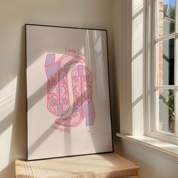 Long Live Cowgirls Wall Art Print Bold Sassy Pink Cowboy Boot Artwork Girly Western Decor Poster Design