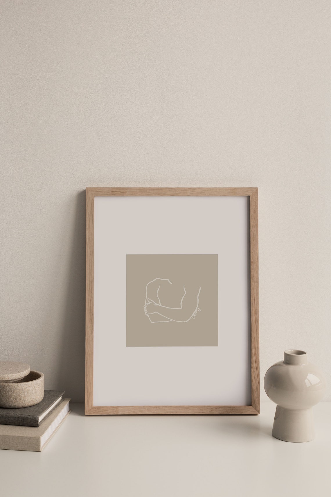Taupe Minimalist Line Art Crossed Arms Embrace Abstract Poster - Image 2