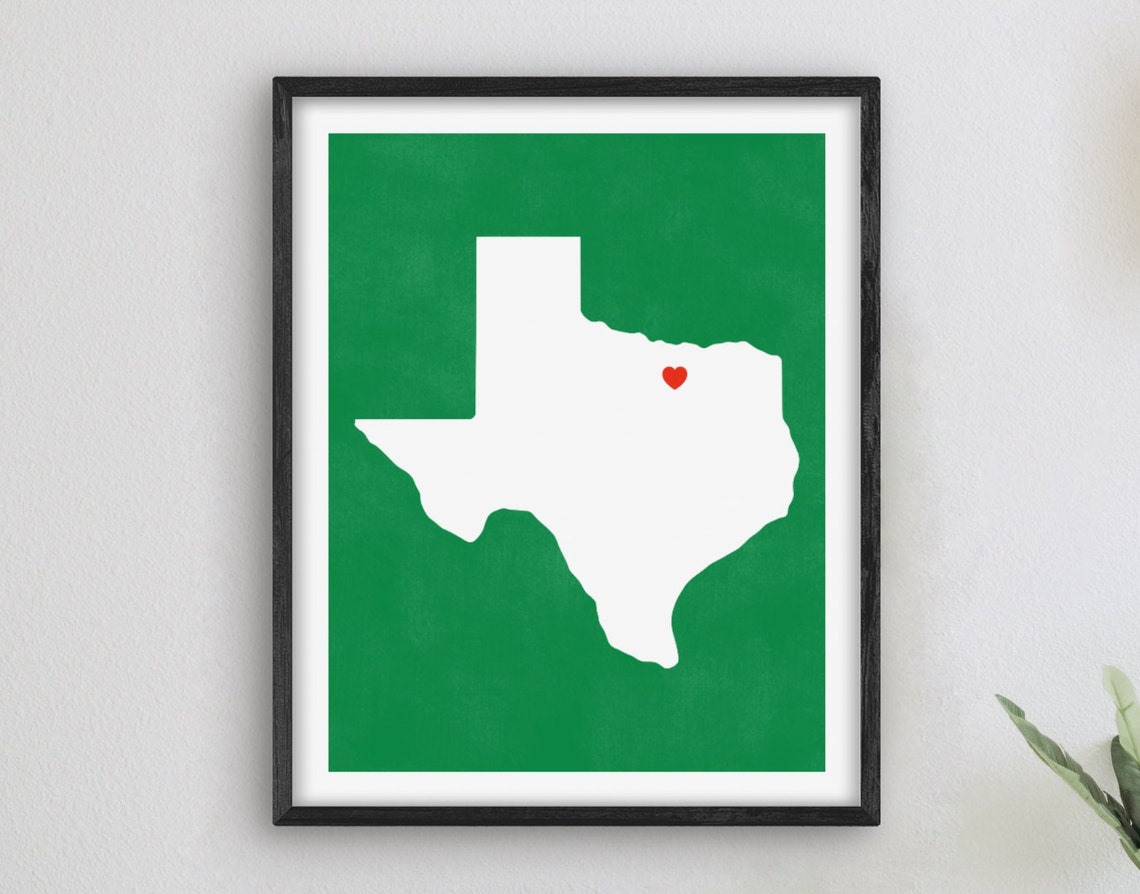 Texas Heart State Silhouette White Green Hometown Map Art Poster