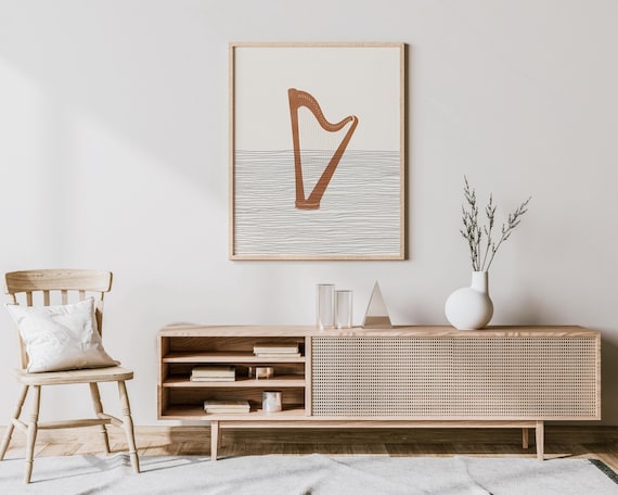 Terracotta Harp Silhouette Wavy Line Music Room Decor Poster