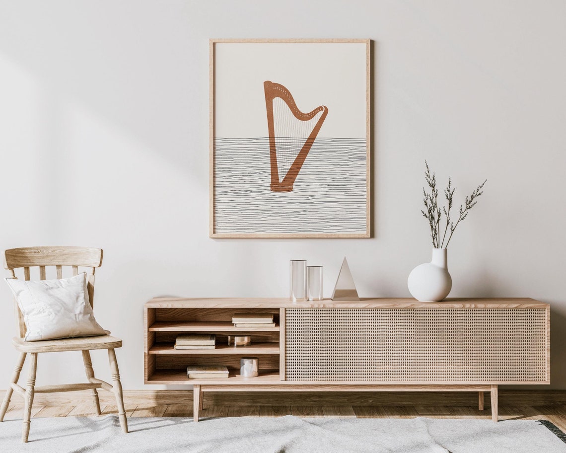 Terracotta Harp Silhouette Wavy Line Music Room Decor Poster