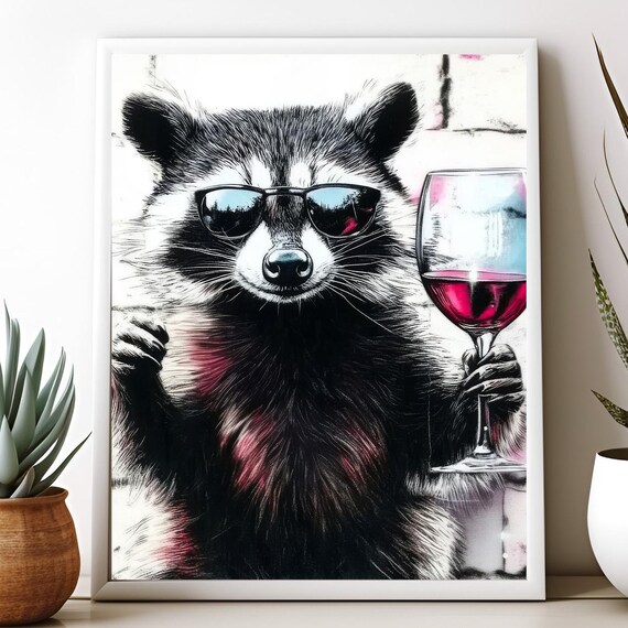 Raccoon Print, Funny Drinking Wine Kitchen Decor