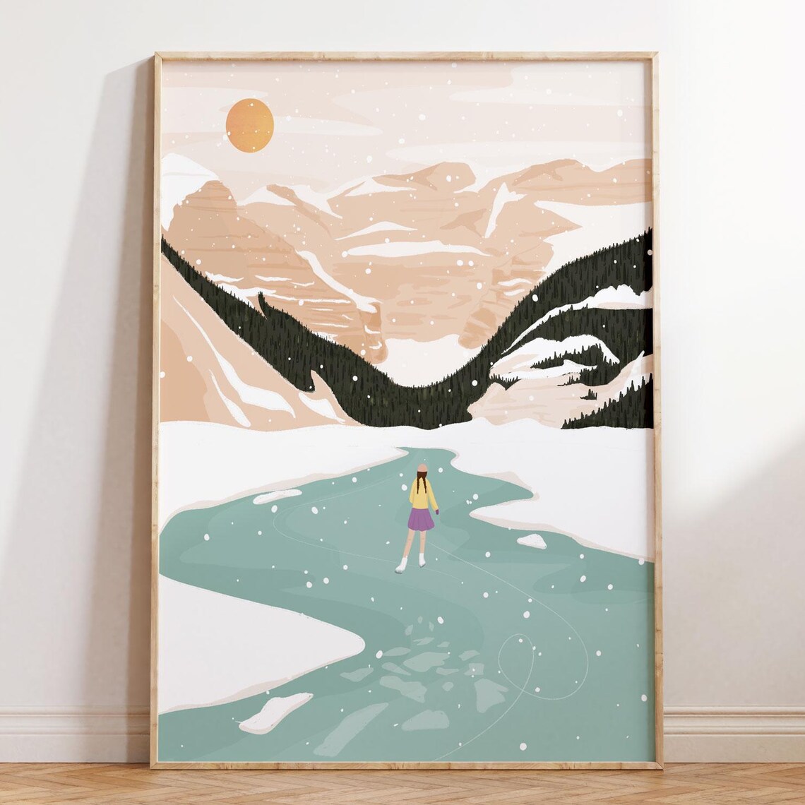 Snowy Ice Skating Frozen Lake Winter Mountains Illustration Print