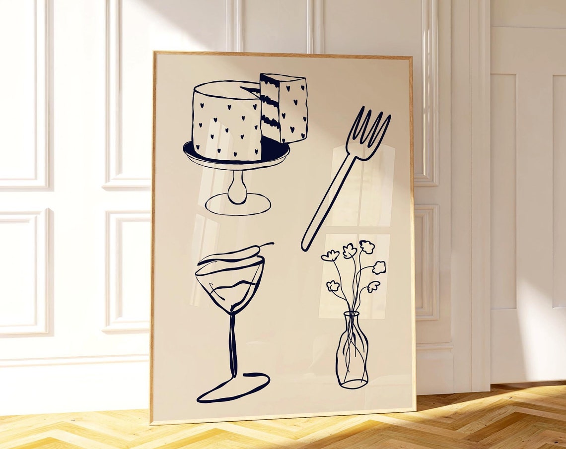 Navy Line Art Cake Fork Cocktail Glass Floral Chic Kitchen Wall Poster