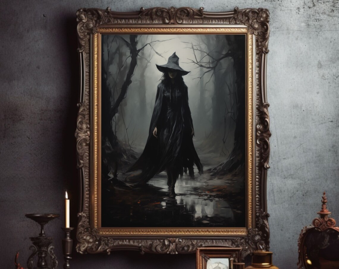 Dark Witch in Black Cloak Foggy Forest Gothic Halloween Oil Poster