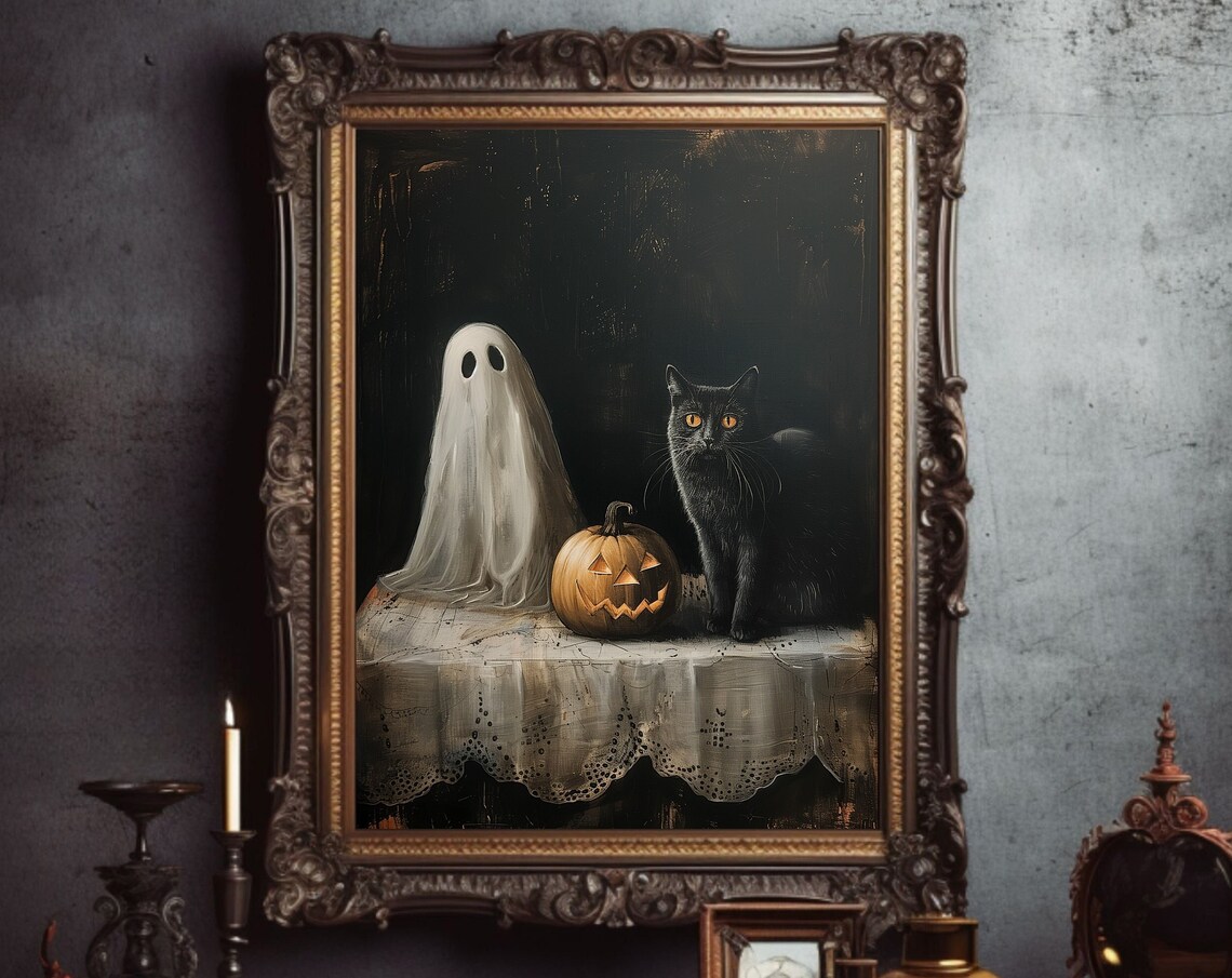 Ghost Black Cat And Pumpkin Moody Vintage Halloween Art Poster