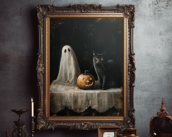 Ghost Black Cat And Pumpkin Moody Vintage Halloween Art Poster