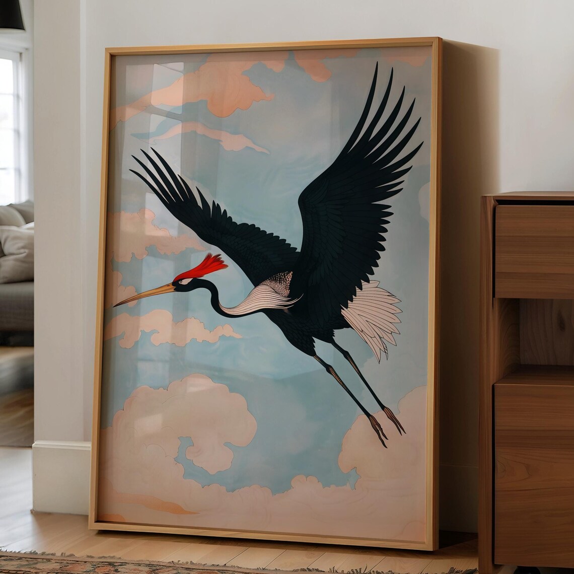 Flying Crane Soaring In Japanese Style Pastel Cloudy Sky Art Print - Image 4