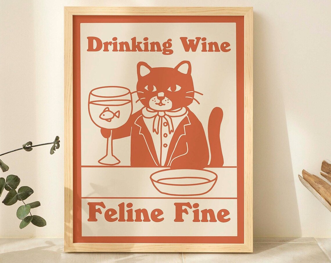Retro Cat Wine Drink Poster, Kitchen Bar Decor