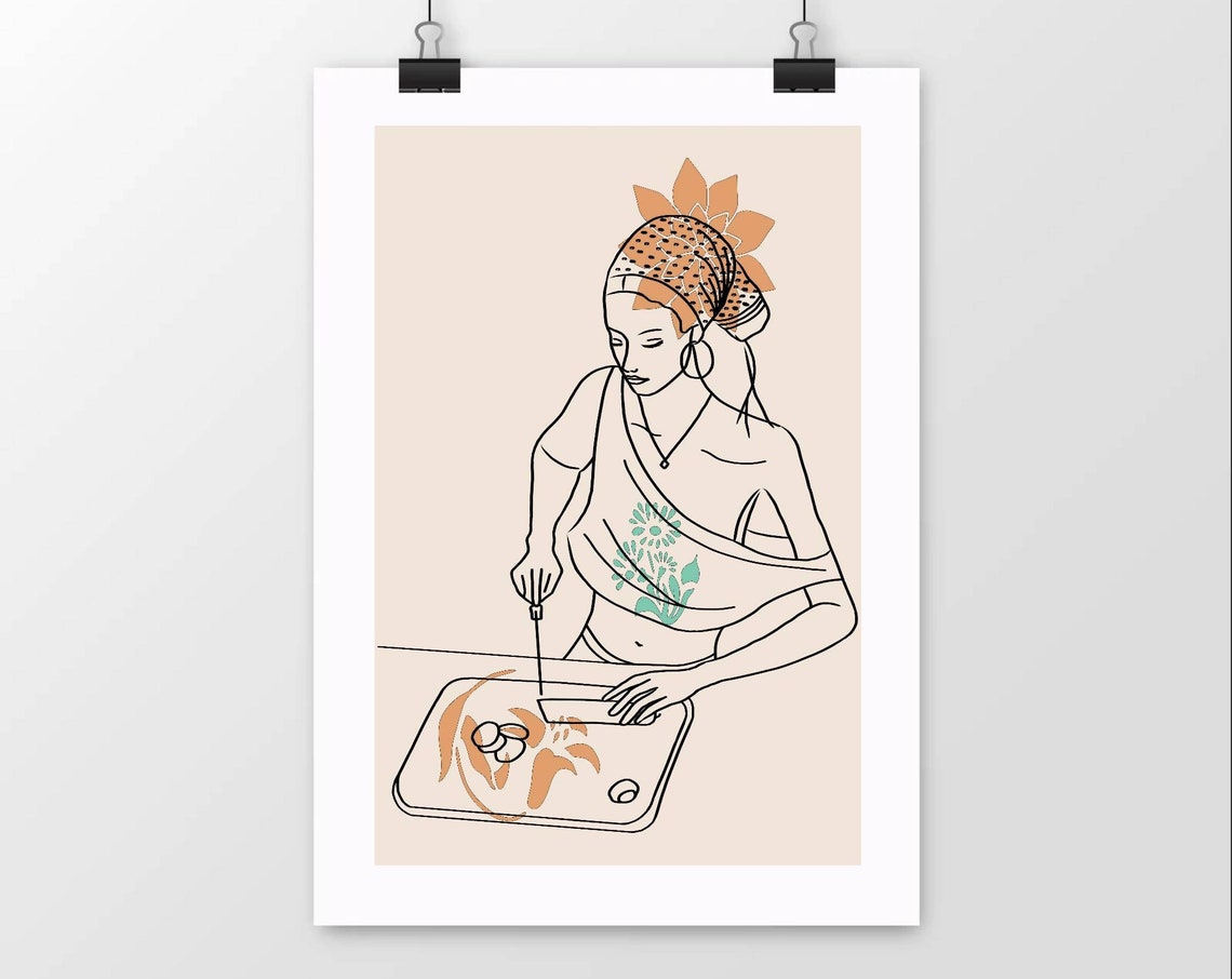 Bohemian Girl Slicing A Cucumber Illustration Fine Line Print