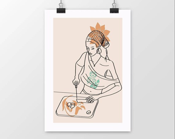 Woman Cooking Line Art Headscarf Kitchen Illustration Poster