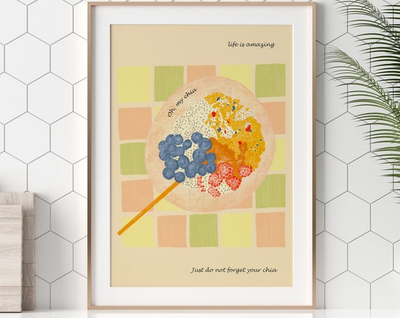 Oh My Chia Illustration Vintage Poster Vegan Food Print Colorful Kitchen