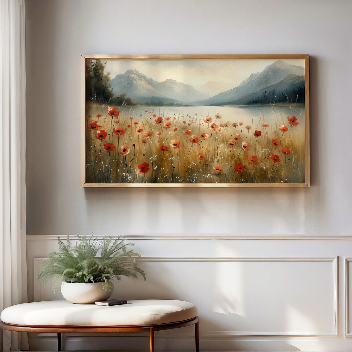 Red Poppies By Calm Lake Blue Mountain Meadow Vintage Landscape Poster - Image 2