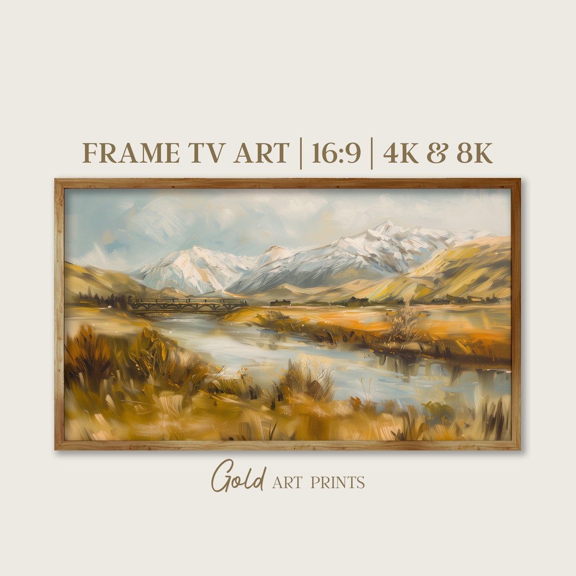 Snowy Mountain River Bridge Golden Marsh Impressionist Painting Poster